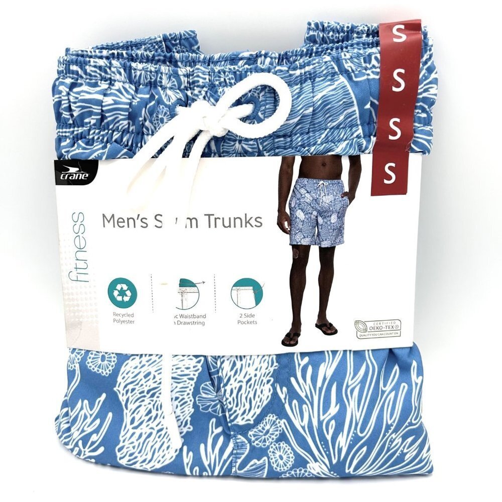 NEW BLUE & WHITE OCEAN LIFE MEN'S RECYCLED POLYESTER SWIM TRUNKS W/ POCKETS - SM